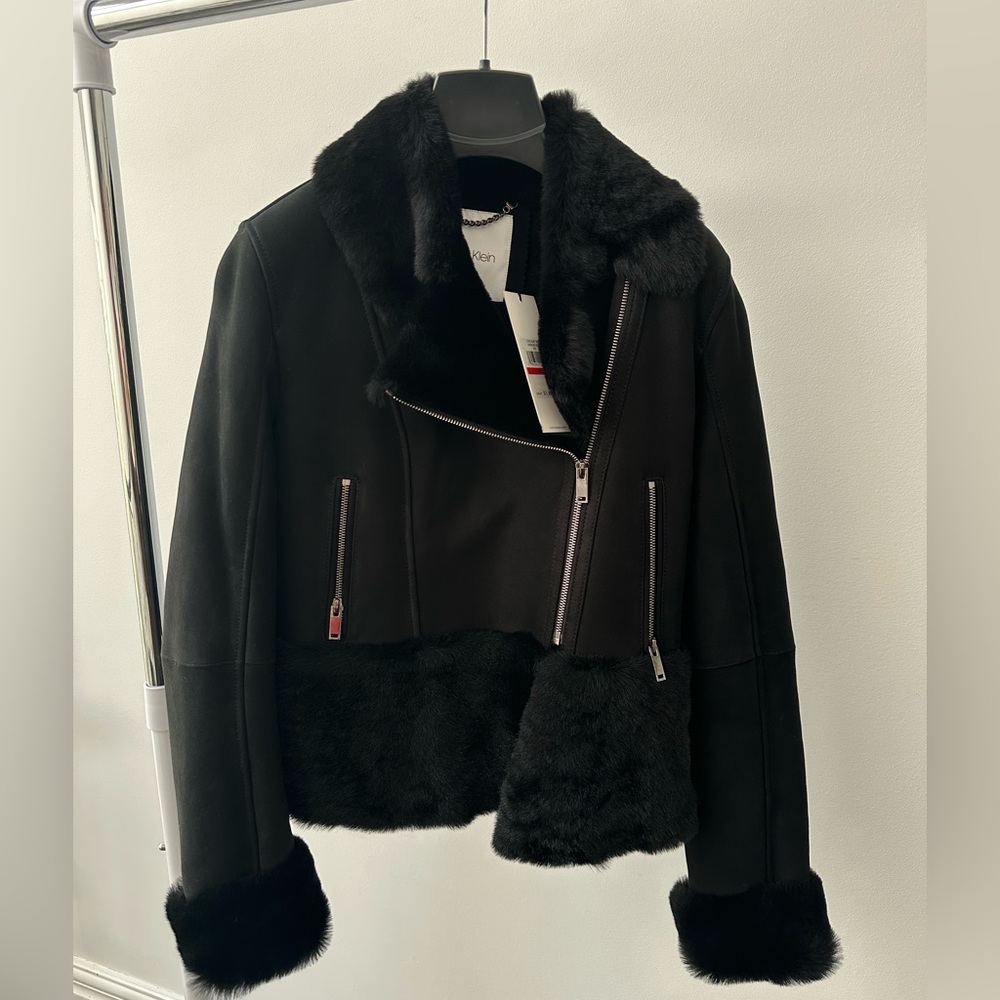 BNWT Calvin Klein Black Leather Jacket with Fur moto style shearling MSRP $1895